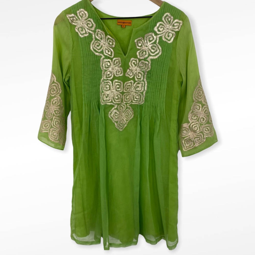 Roberta Freymann Green Lightweight Gold Embroidered Dress